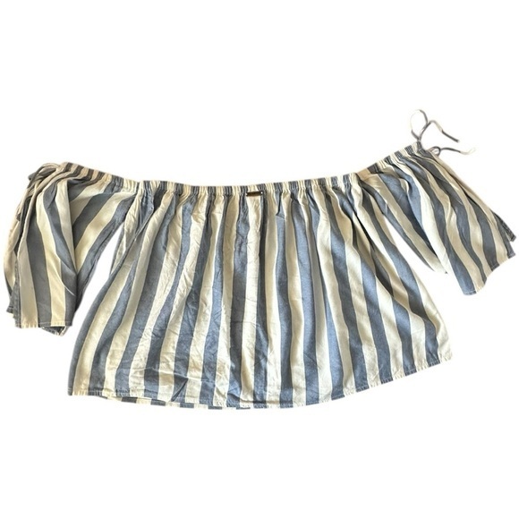 Billabong Striped Off-the-Shoulder Boho Crop Top Blue White Size Large - Picture 2 of 5